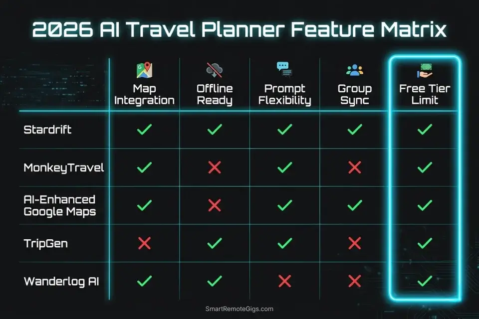 A comparison matrix showing the features, offline capabilities, and free tier limits of the top free AI travel planner apps.