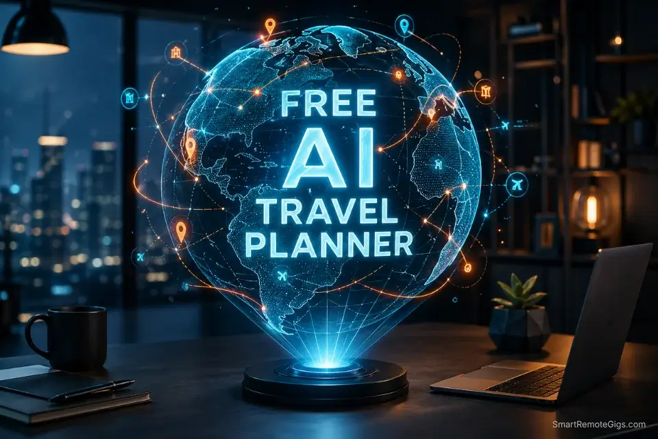 A futuristic holographic globe displaying routing lines, representing the best free AI travel planner tools of 2026 for remote workers.