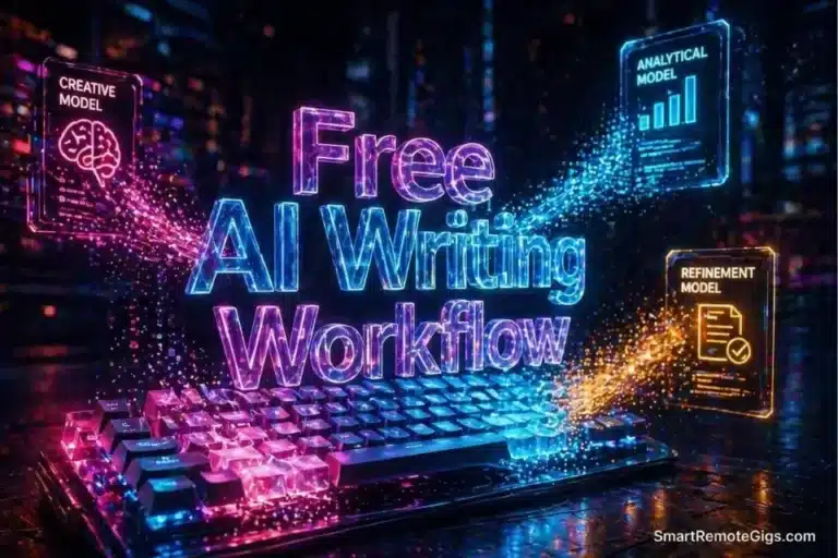3D glowing keyboard turning into data streams representing the best free AI writing workflow in 2026.
