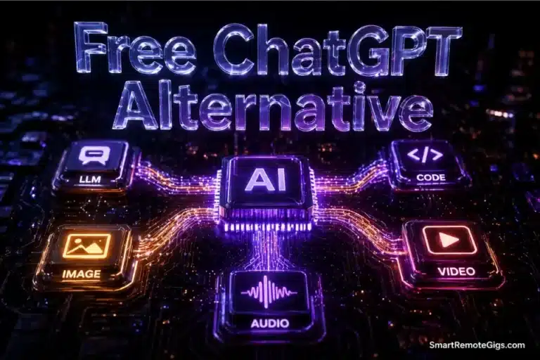 3D glowing microprocessor splitting into 5 pathways representing the best free ChatGPT alternatives in 2026.
