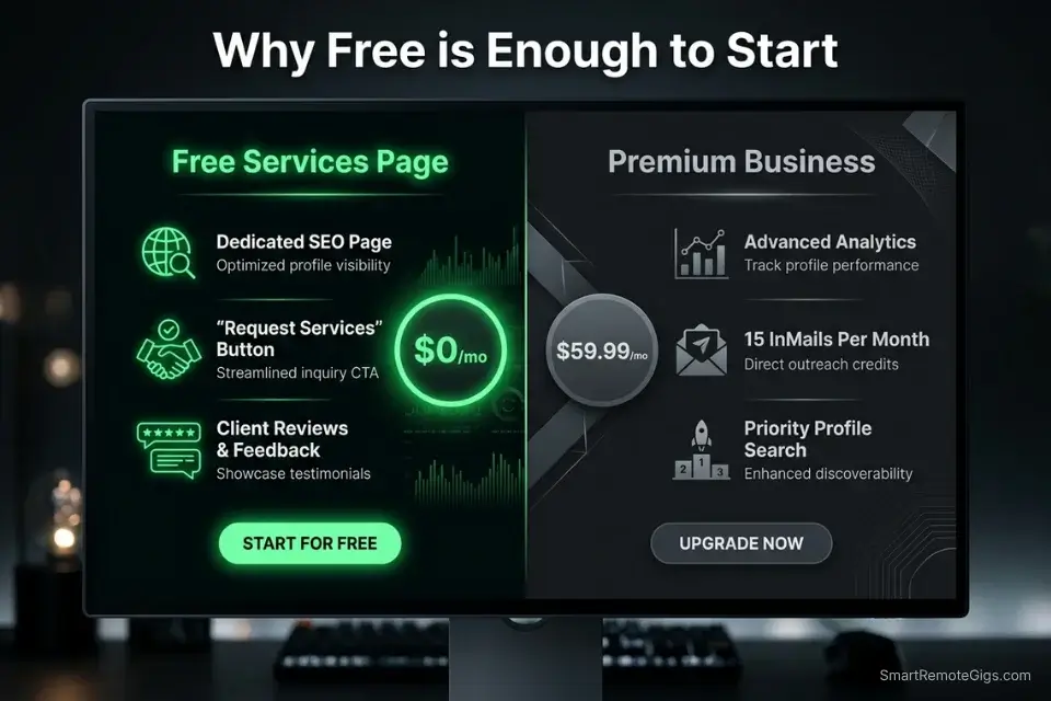 Infographic comparing the features of a free account vs Premium Business for linkedin services page optimization 2026.