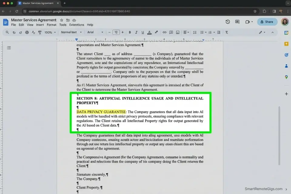 Screenshot of a freelance Master Services Agreement containing an explicit AI Transparency and Intellectual Property clause.