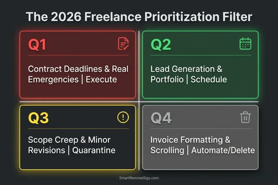 The four quadrants of the Eisenhower Matrix adapted specifically for freelancers, balancing client work with lead generation.