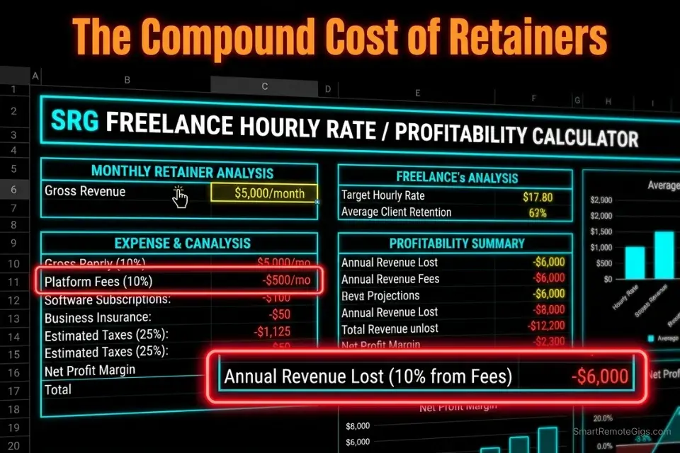 Screenshot of a profitability calculator showing the true 6000 dollar cost of the 10 percent platform fee for upwork vs linkedin for freelancers.