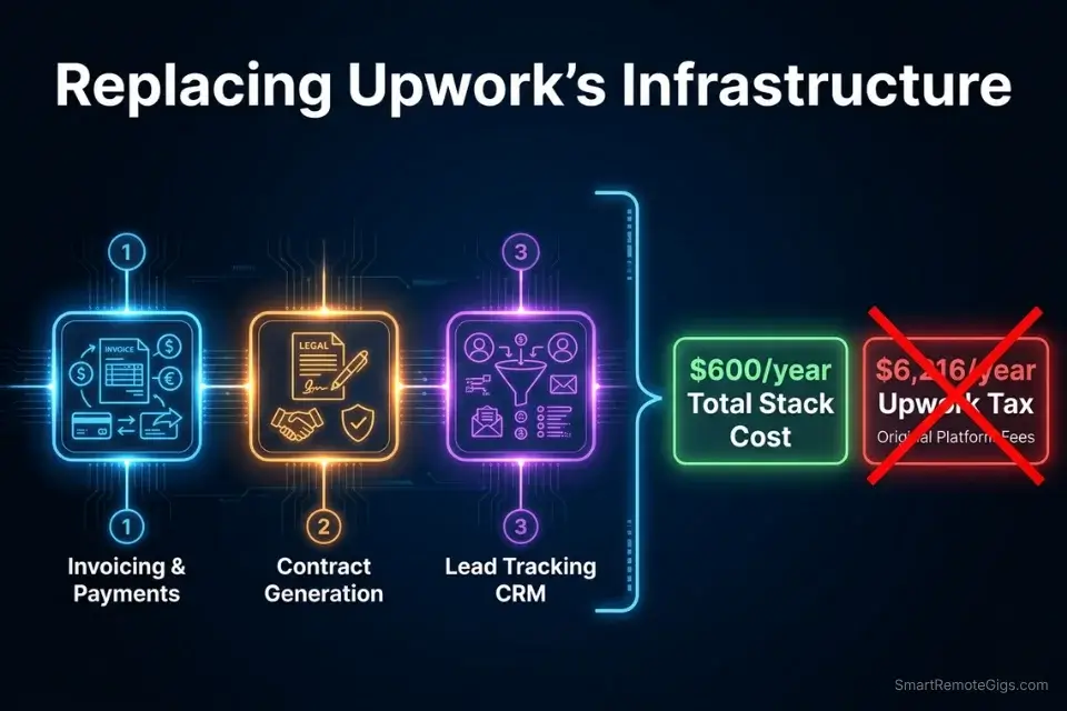Infographic showing the independent software stack needed to replace Upwork infrastructure and save money in the upwork vs linkedin for freelancers comparison.