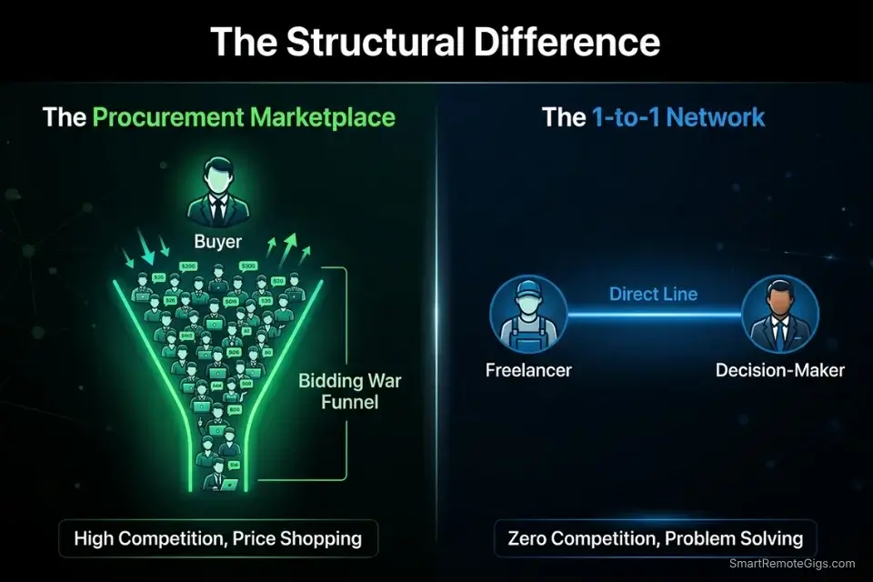 Infographic comparing the procurement marketplace model to the 1-to-1 networking model in the upwork vs linkedin for freelancers debate.