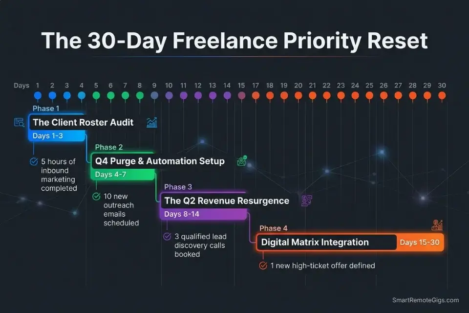 30-Day Execution Plan timeline for independent professionals implementing a digitized Eisenhower Matrix to stabilize revenue.