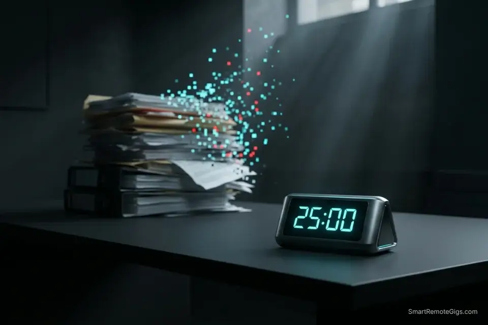 3D visualization of a freelancer eliminating Quadrant 4 administrative chaos by utilizing a Pomodoro timer for deep execution.