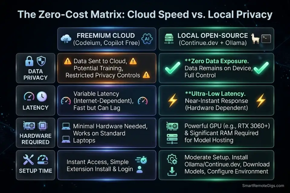 Infographic comparing freemium cloud AI coding tools with local open-source models for latency and privacy.