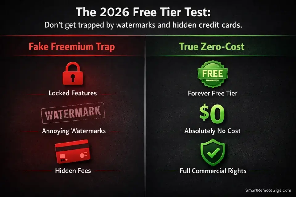 Infographic comparing freemium traps against true zero-cost free AI social media tools.