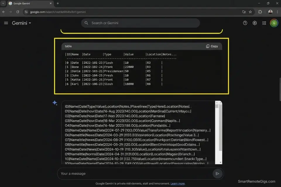 Screenshot of Gemini 1.5 Pro processing massive text files and extracting structured data tables on its free tier.