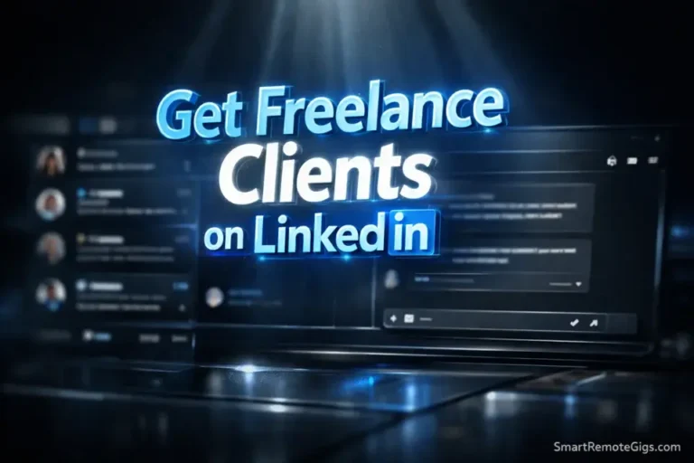 3D glowing text showing Get Freelance Clients on LinkedIn over a sleek messaging interface.