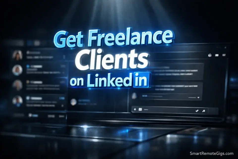 3D glowing text showing Get Freelance Clients on LinkedIn over a sleek messaging interface.
