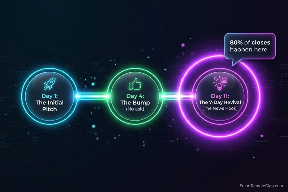 Timeline for following up and reviving ignored cold pitches for remote writing jobs.