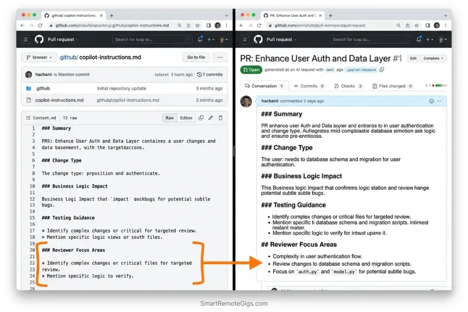 Using GitHub Copilot Enterprise to automatically generate structured PR summaries based on custom instruction templates.