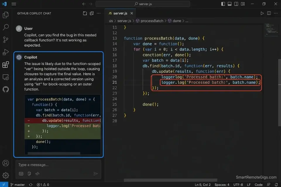 GitHub Copilot in VS Code debugging a legacy Node.js file using context-aware chat prompts.