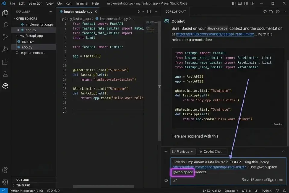 GitHub Copilot Chat using the @workspace command to query external API documentation without leaving VS Code.
