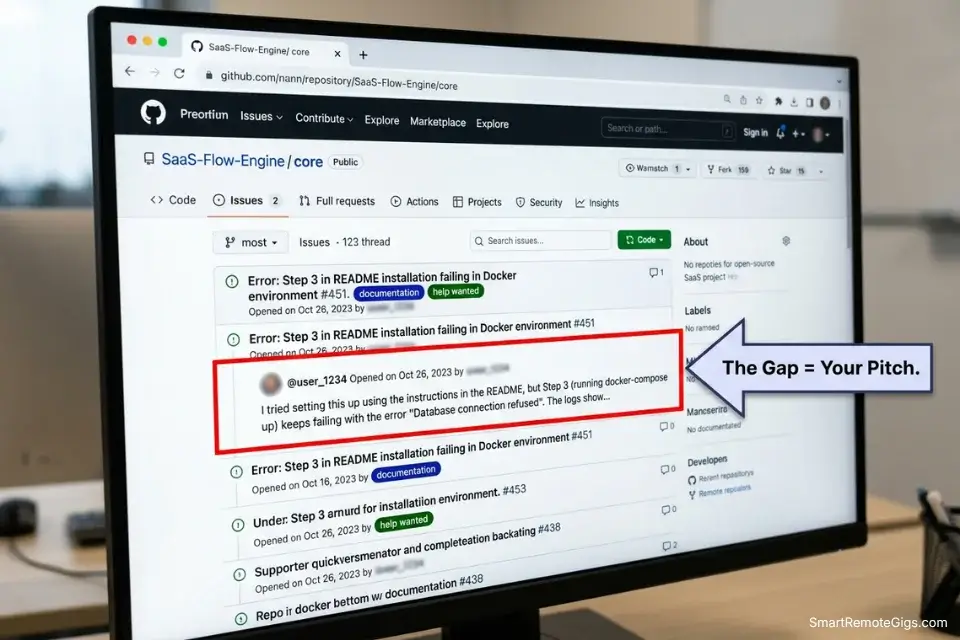 Using GitHub Issues to find documentation gaps and pitch remote technical writing jobs to open-source startups.