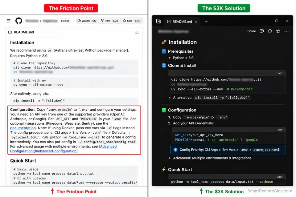 Auditing open-source GitHub documentation to pitch remote technical writing jobs.