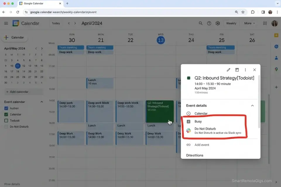 Google Calendar screenshot showing a 2-way synced Quadrant 2 task from a matrix app triggering an automated Slack Do Not Disturb status.