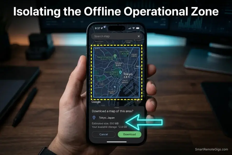 A screenshot of the Google Maps mobile interface showing how to download a custom offline map boundary for an AI travel itinerary.