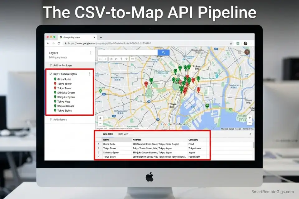 A desktop screenshot of Google My Maps demonstrating the CSV import workflow to instantly plot an AI travel planner's output.