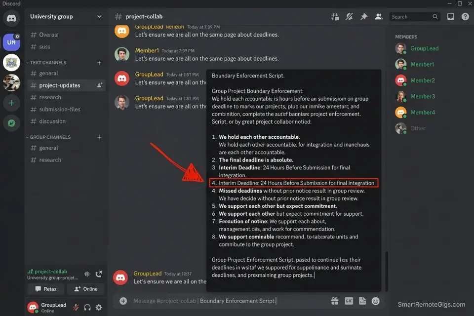 Screenshot of a Discord group chat showing a student using a strict deadline boundary script to manage group project slackers.