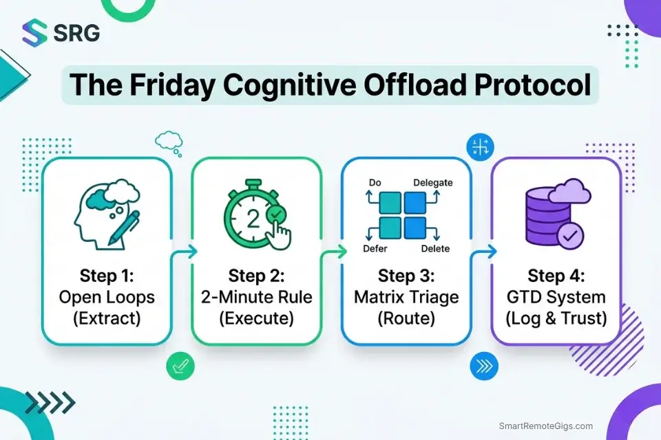 Flowchart demonstrating how to combine a GTD weekly brain dump with Eisenhower Matrix triage to eliminate cognitive load.