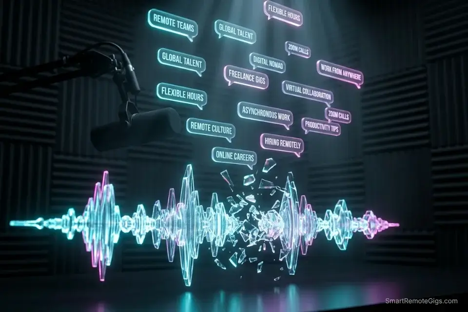 3D rendering of an audio waveform splitting into short-form text bubbles via an AI social media post generator.