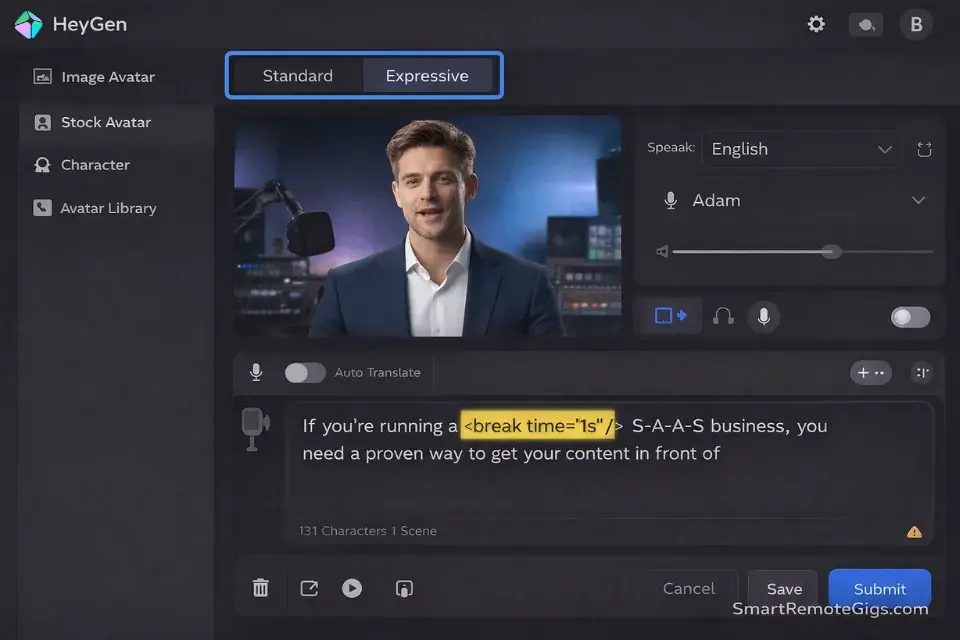 Screenshot of the HeyGen AI avatar studio highlighting Expressive mode and custom phonetic script formatting.