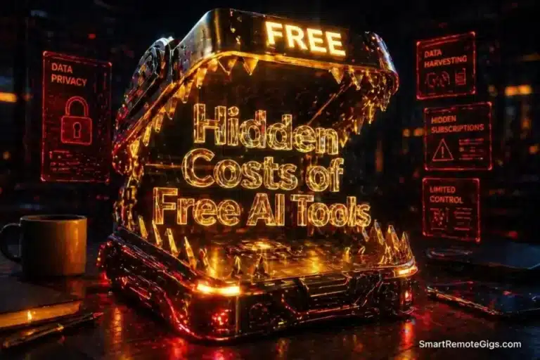 3D glowing cybernetic trap representing the hidden costs of free AI tools in 2026, including data privacy and commercial rights risks.