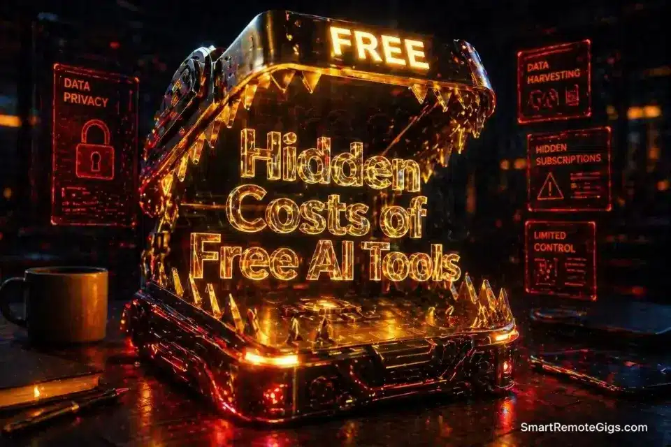 3D glowing cybernetic trap representing the hidden costs of free AI tools in 2026, including data privacy and commercial rights risks.
