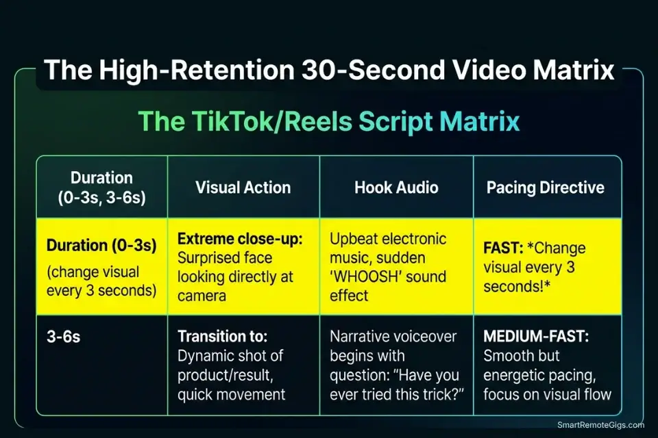 Data table visualizing the high-retention TikTok and Reels script matrix for AI video generation, featuring 3-second scene changes.