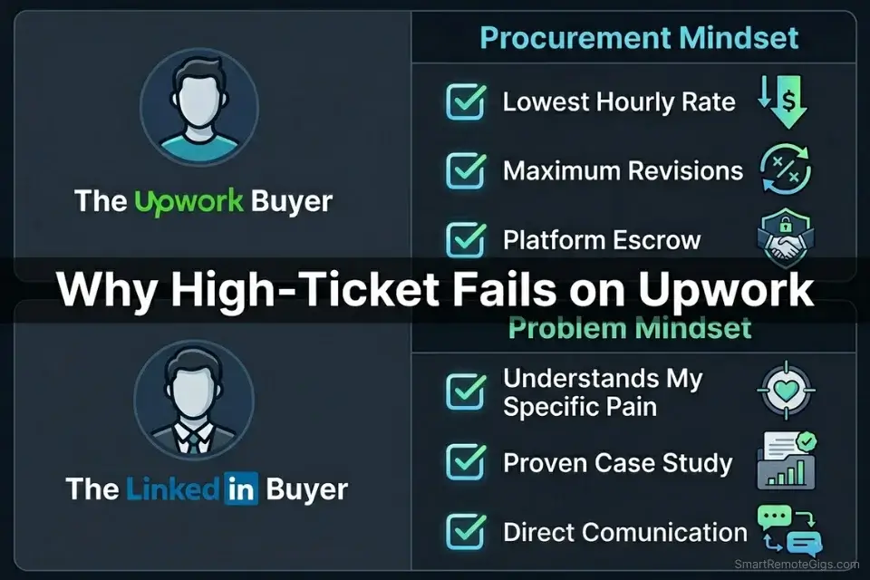 Infographic illustrating the psychological shift from Upwork procurement buyers to LinkedIn problem-solving buyers for upwork vs linkedin for freelancers.