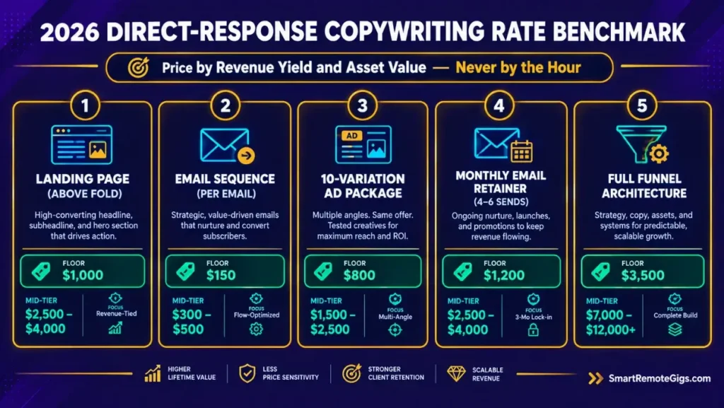 Freelance copywriting pricing benchmark card showing rate floors and mid-tier pricing for direct-response deliverables.