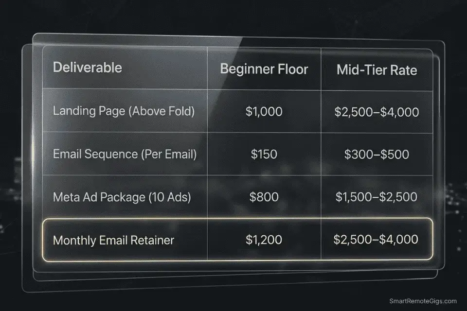 Direct-response rate card and pricing floor for freelance remote copywriting jobs.