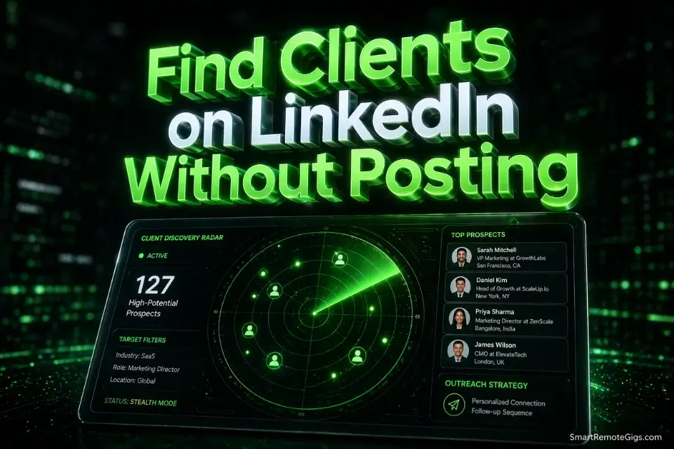 3D glowing text showing Find Clients on LinkedIn Without Posting 2026 over a sleek stealth networking dashboard.