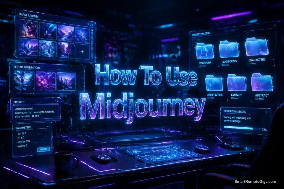 3D glowing text reading How To Use Midjourney over a futuristic workspace with organized digital folders.