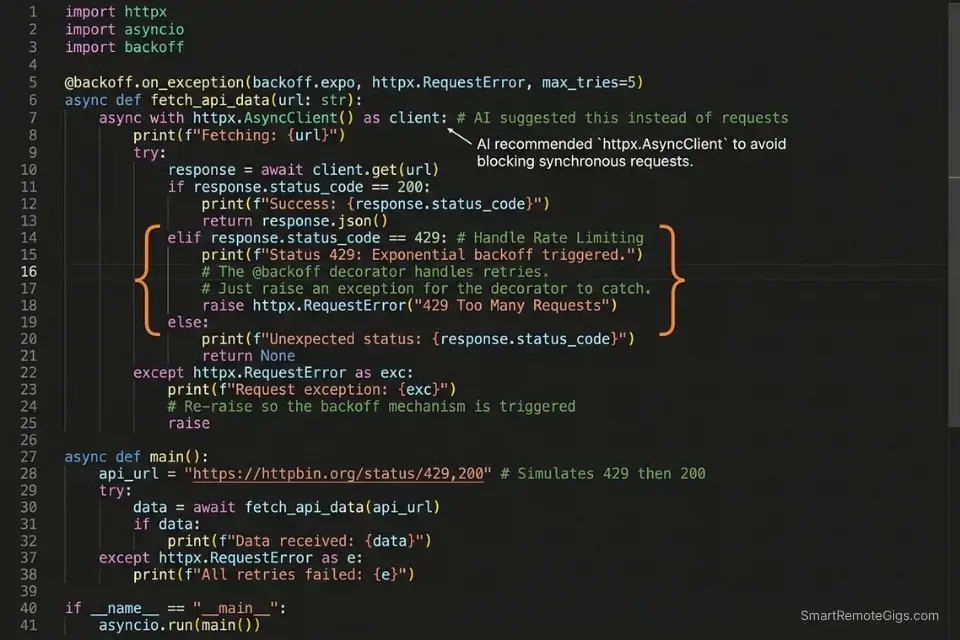 An AI code assistant scaffolding an asynchronous Python API request using httpx and exponential backoff retry logic.
