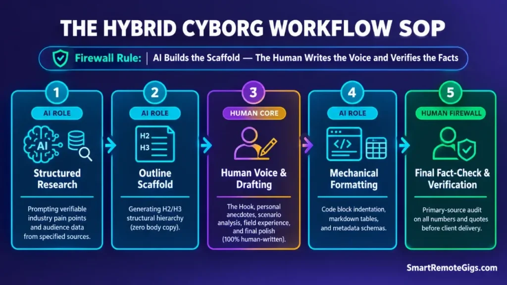 Workflow infographic showing the 5-step hybrid human-AI content writing SOP for scaling output safely.