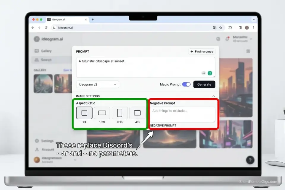 Screenshot of the Ideogram AI web interface highlighting the aspect ratio and negative prompt controls that replace Discord commands.