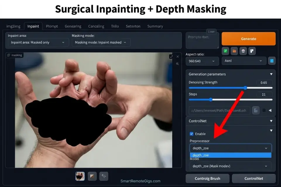 Stable Diffusion interface showing the Inpaint masking tool combined with Depth ControlNet to fix bad AI hands.