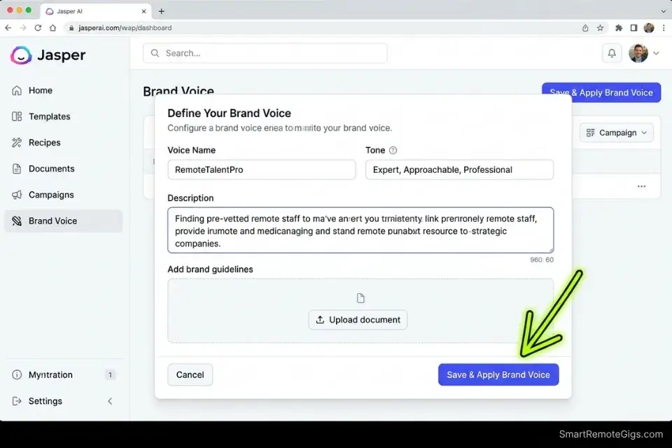 Screenshot of the brand voice configuration dashboard inside the Jasper AI social media post generator.