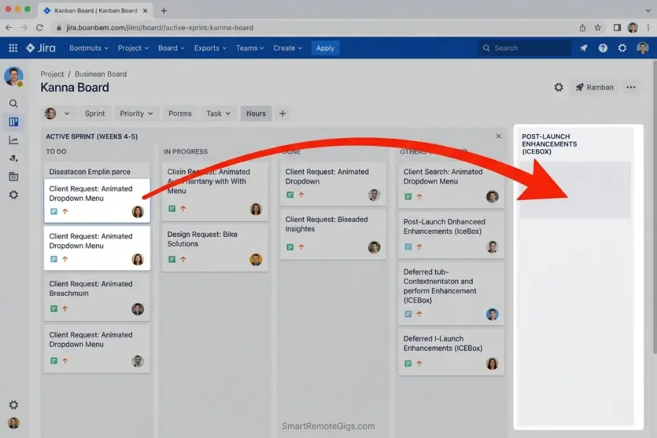 Screenshot demonstrating how project managers use an Eisenhower Matrix approach to route Quadrant 3 scope creep into an Icebox backlog.