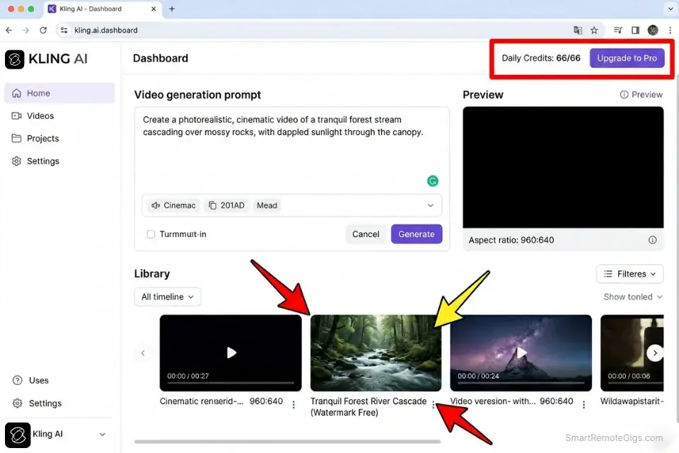 Screenshot of the Kling AI interface highlighting the daily free credits reset for video generation.