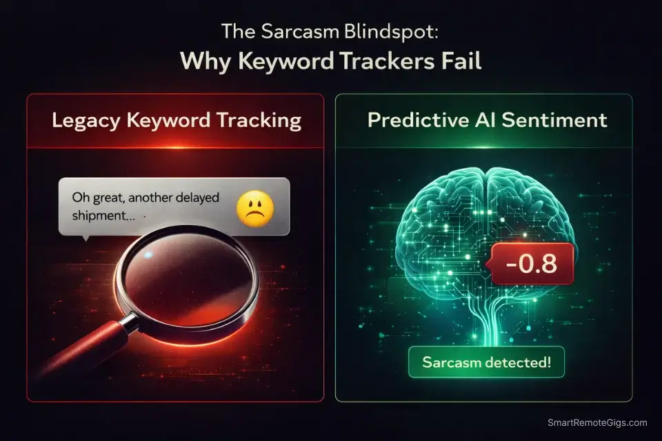 Infographic comparing the 59% accuracy of legacy keyword tracking against the 97% accuracy of predictive AI social listening tools.