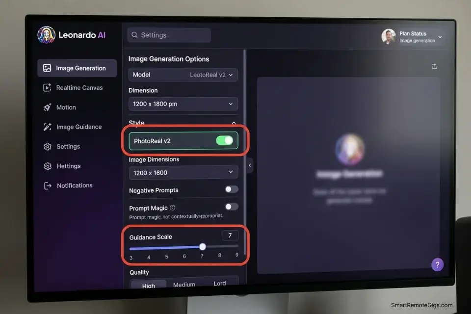 Screenshot of the Leonardo AI settings panel showing the PhotoReal toggle and Guidance scale for generating watermark-free images.