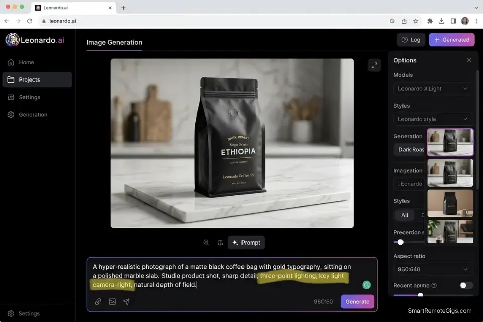 Screenshot of Leonardo.ai generating a photorealistic e-commerce product mockup using explicit studio lighting prompts.