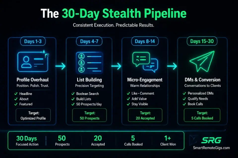 A 30 day timeline roadmap detailing the daily execution plan to get freelance clients on linkedin.