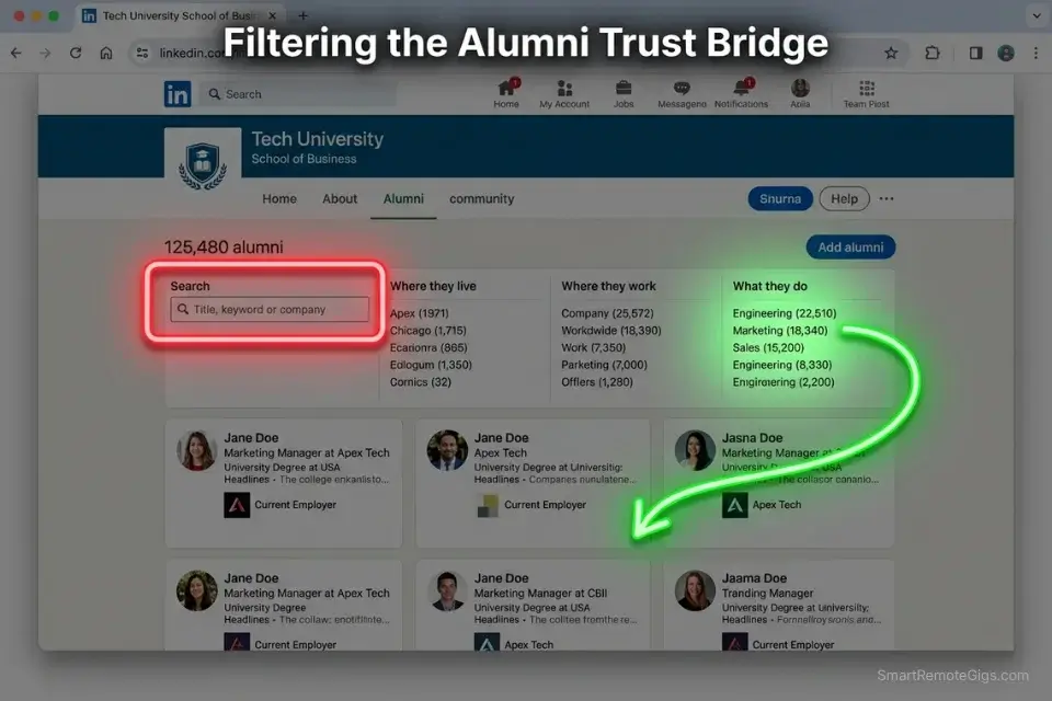 Screenshot of the LinkedIn Alumni tab filters used to build warm lists and learn how to find clients on linkedin without posting.